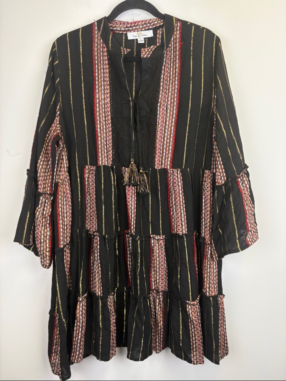 Turks & Caicos Boho Tiered Tunic Dress Tassel Tie Striped Metallic Large
